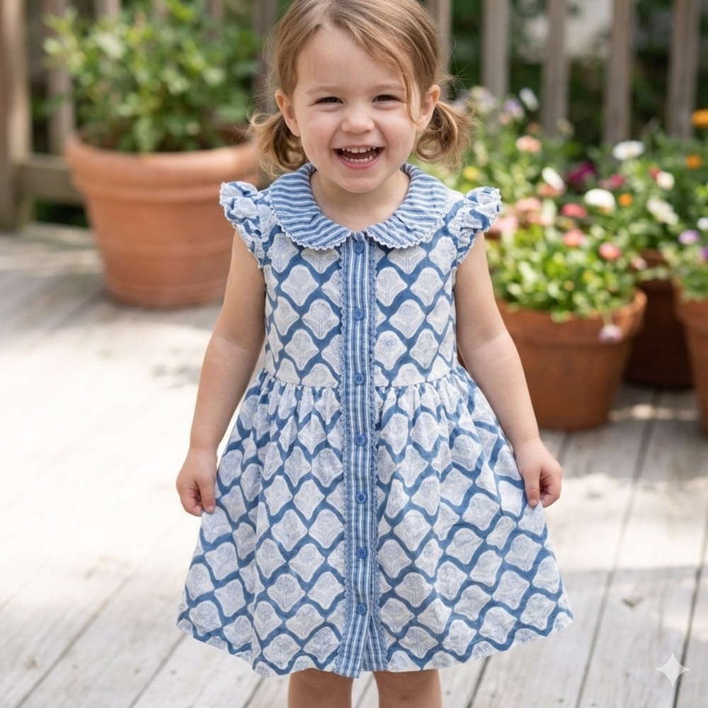 Smockingbird Blue and White Patterned Button Down Dress